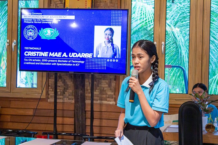 “We have come a long way from where we began, and that would not have been possible without Tzu Chi’s guidance,” says Cristine Mae Udarbe, Tzu Chi scholar from PNU.  【Photo by Marella Saldonido】