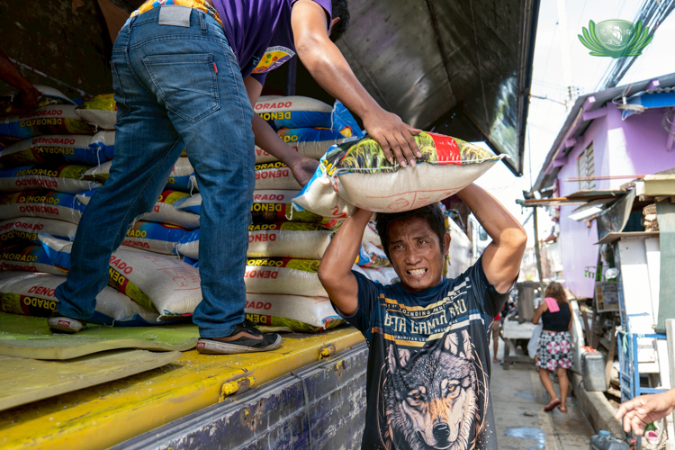 Resident volunteers unload sacks of rice at the Opao Gymnasium in Mandaue City during relief operations.