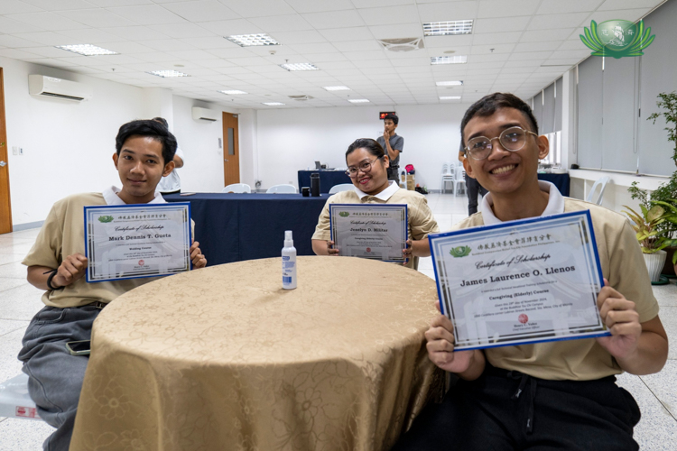 In November 2024, James Llenos (first from right) began his scholarship journey at Tzu Chi as an aspiring caregiver.