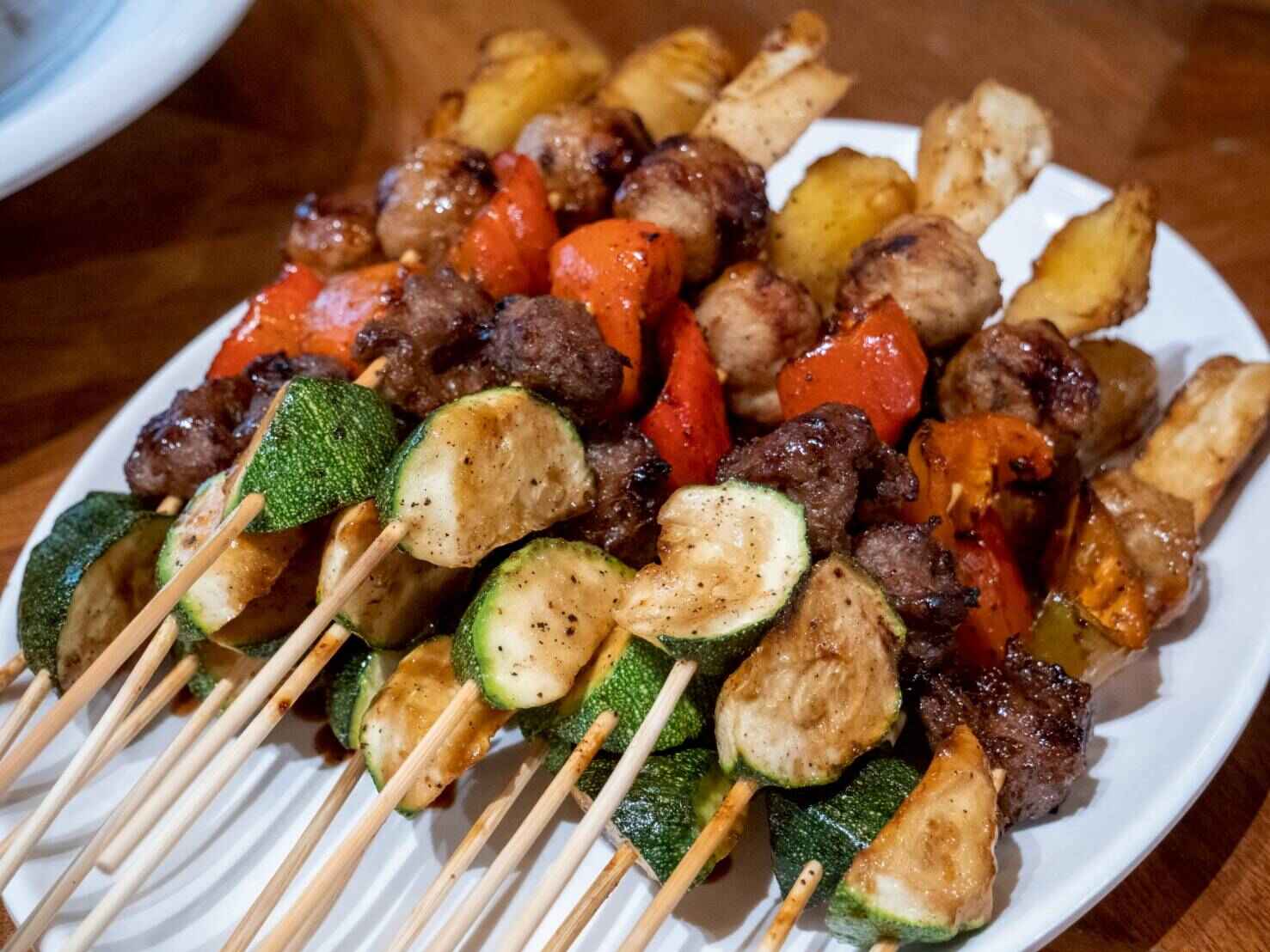 Eaten from a skewer, BBQ alternates chunks of cucumber, pineapple, and smoked, charred TVP glazed in a sweet-savory barbecue sauce. 