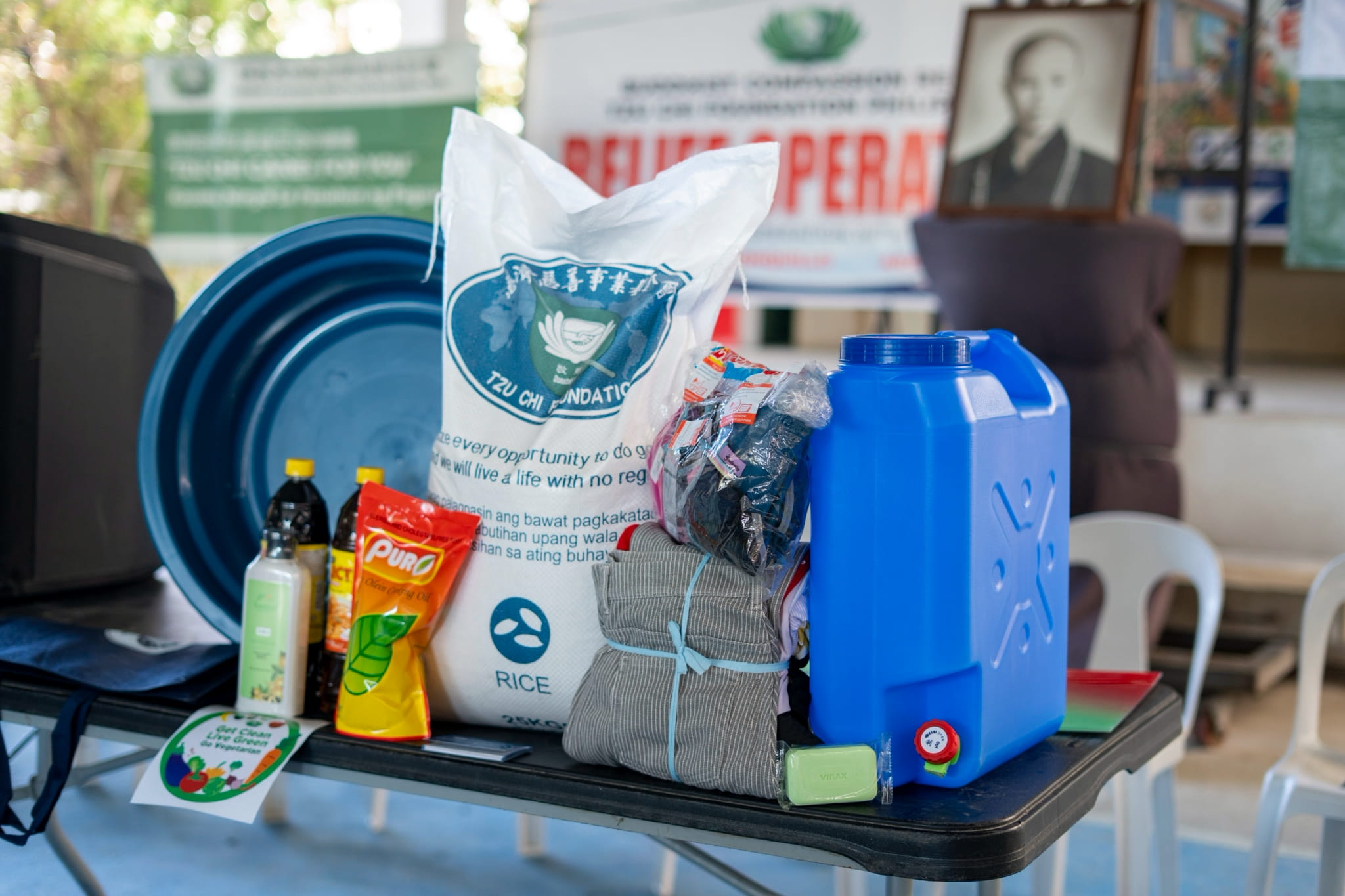 Each beneficiary received 20 kilograms of rice, blankets, sleeping mats, a water jug, a basin, clothes, and grocery items.