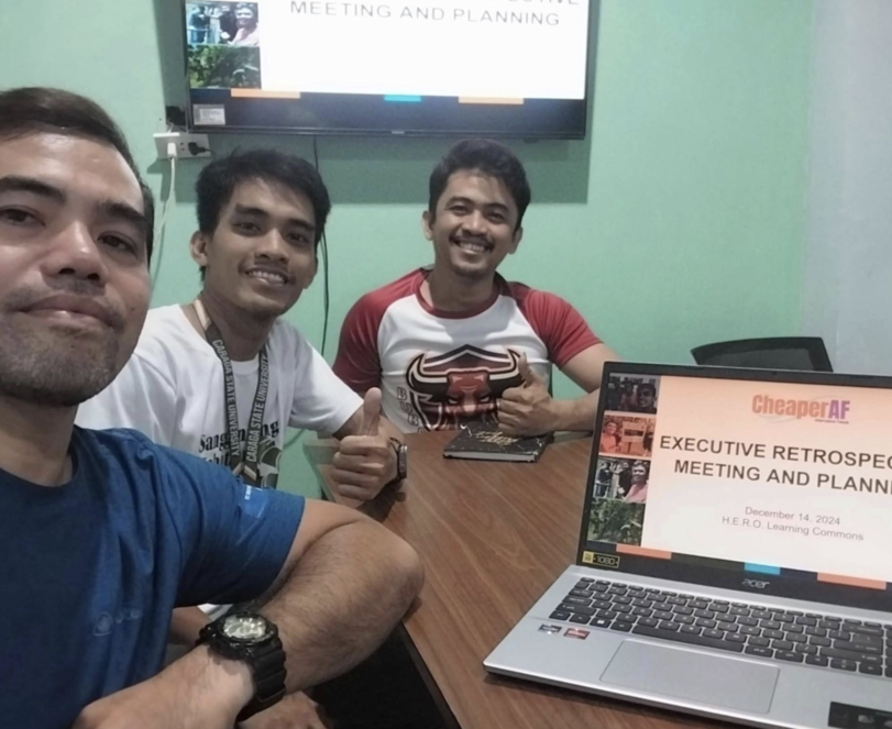 (From left) Mark Cadaan, Kiven John Erojo, and Gin Gigaquit meet up for Cheaper AF, a nano-scale food waste treatment facility that they started on campus at Caraga State University. 