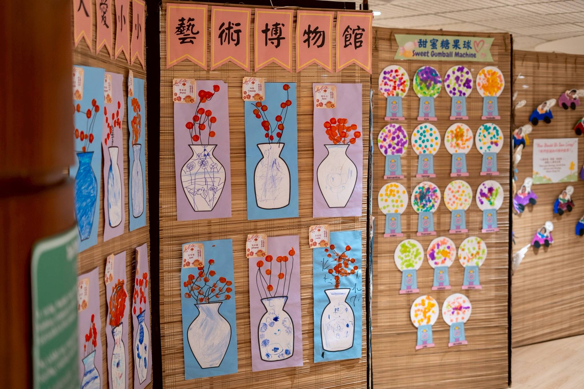 Kids’ colored as they pleased in templates of a flower pot and gumball machine. 