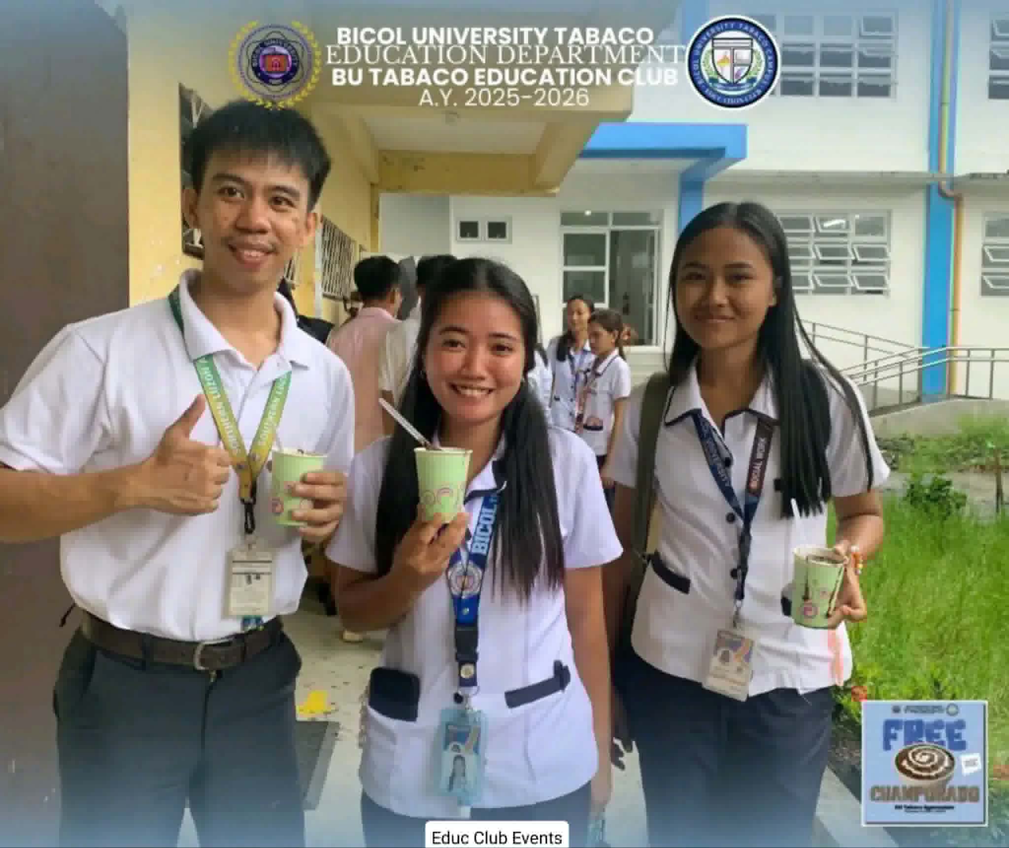 Jazeel Ibay (left) offers free champorado (chocolate rice porridge) to students in December 2025 / Photo courtesy of Jazeel Ibay.