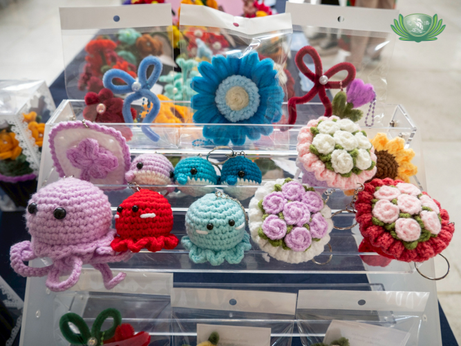 At the Unity Hall: Crocheted and fuzzy wire novelty items handmade by Tzu Chi scholars 
