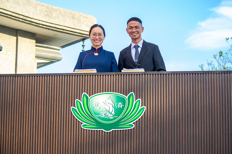From his vantage point on an elevated podium, 3-in-1 host Ben Baquilod (right) “felt more inspired to do good. I felt the spirit, the solemnity, the sacredness.” He credits co-emcee Miaolin Li (left) for her guidance and support. “We encouraged each other,” says Ben.