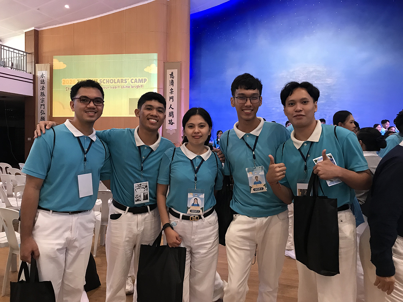 A moment of friendship and joy—Mark Kent Cabradilla (first from right) joins fellow scholars for a photo at the closing of the 2026 Tzu Chi Scholars’ Camp.