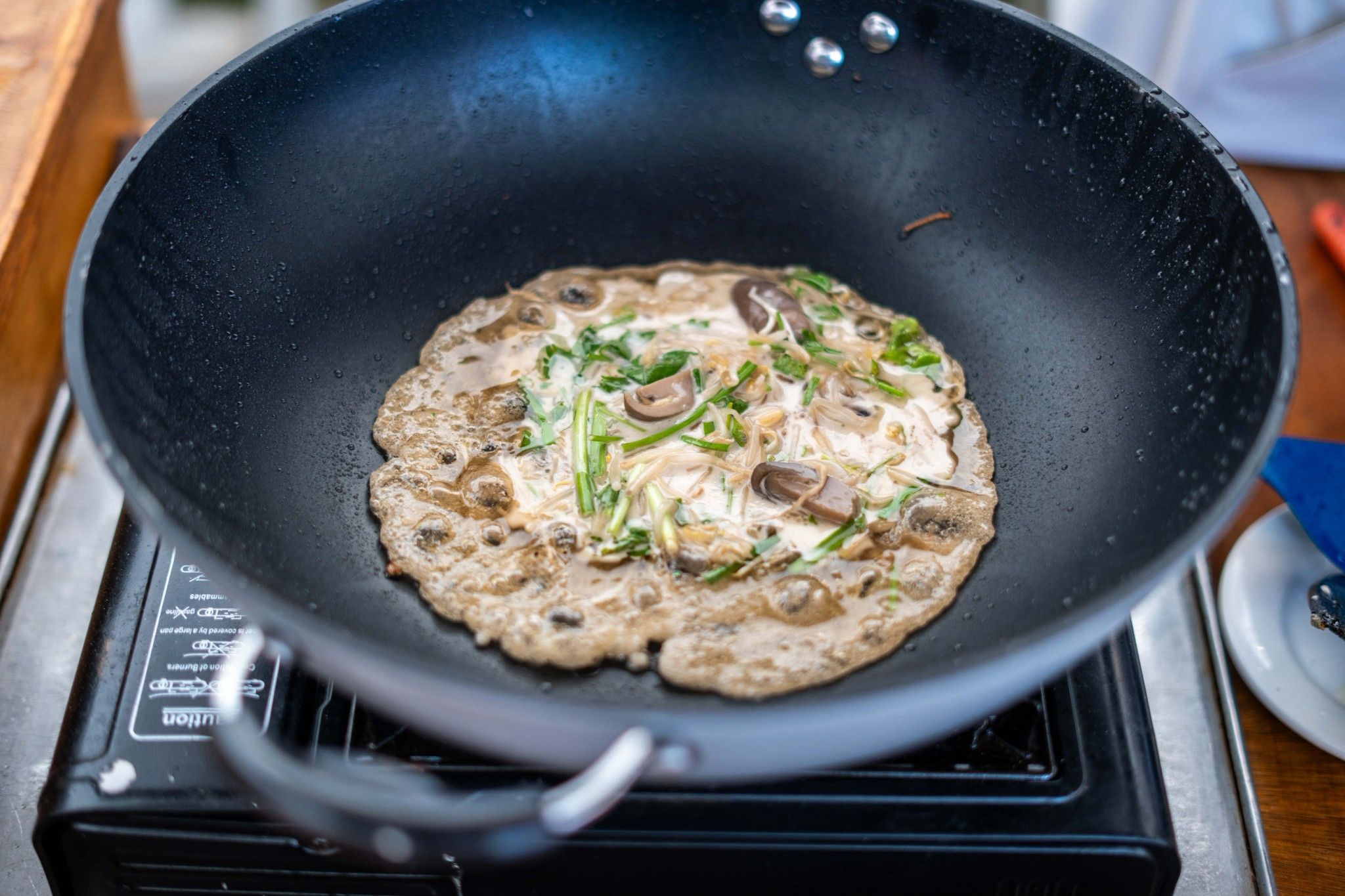 Mushrooms are used in this savory pancake. 