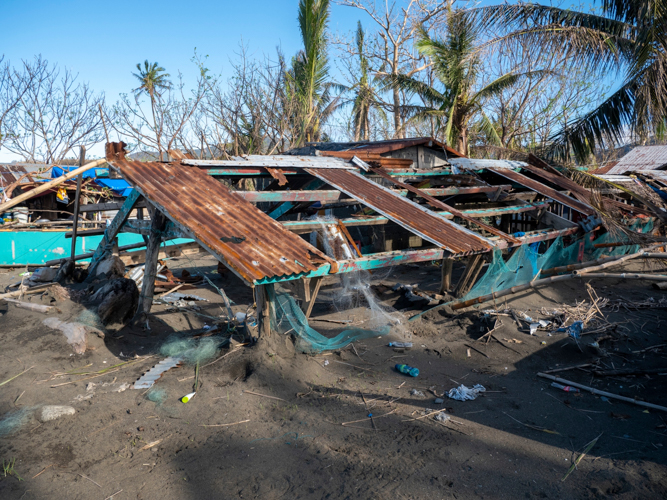 Many houses were damaged after the typhoon. Harsh winds and flooding went on for hours, collapsing homes and stripping them bare.