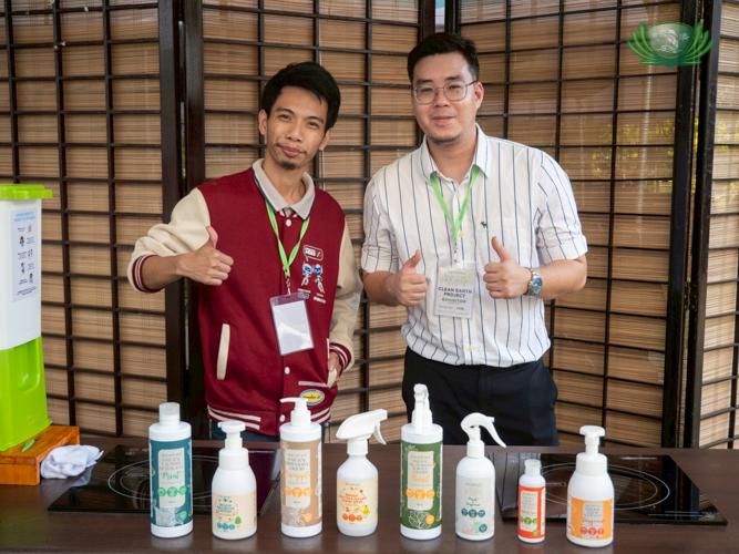 Brand ambassador Justin Lemuel Esteban (left) and Nico Aligam promote Clean Earth Project, a brand of plant-based, chemical-free cleansers whose chief ingredient is fermented pineapple enzyme.