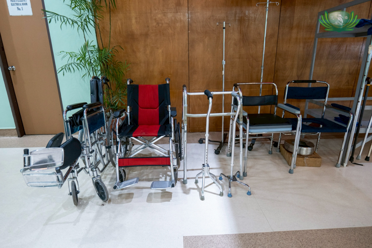 These donated wheelchairs, walkers, and commodes are from Tzu Chi.