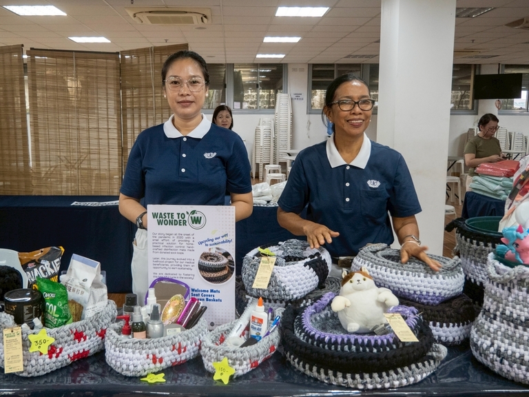 Tzu Chi’s Waste to Wonder recycling initiative features seat covers, floor mats, and containers woven from excess sports socks.
