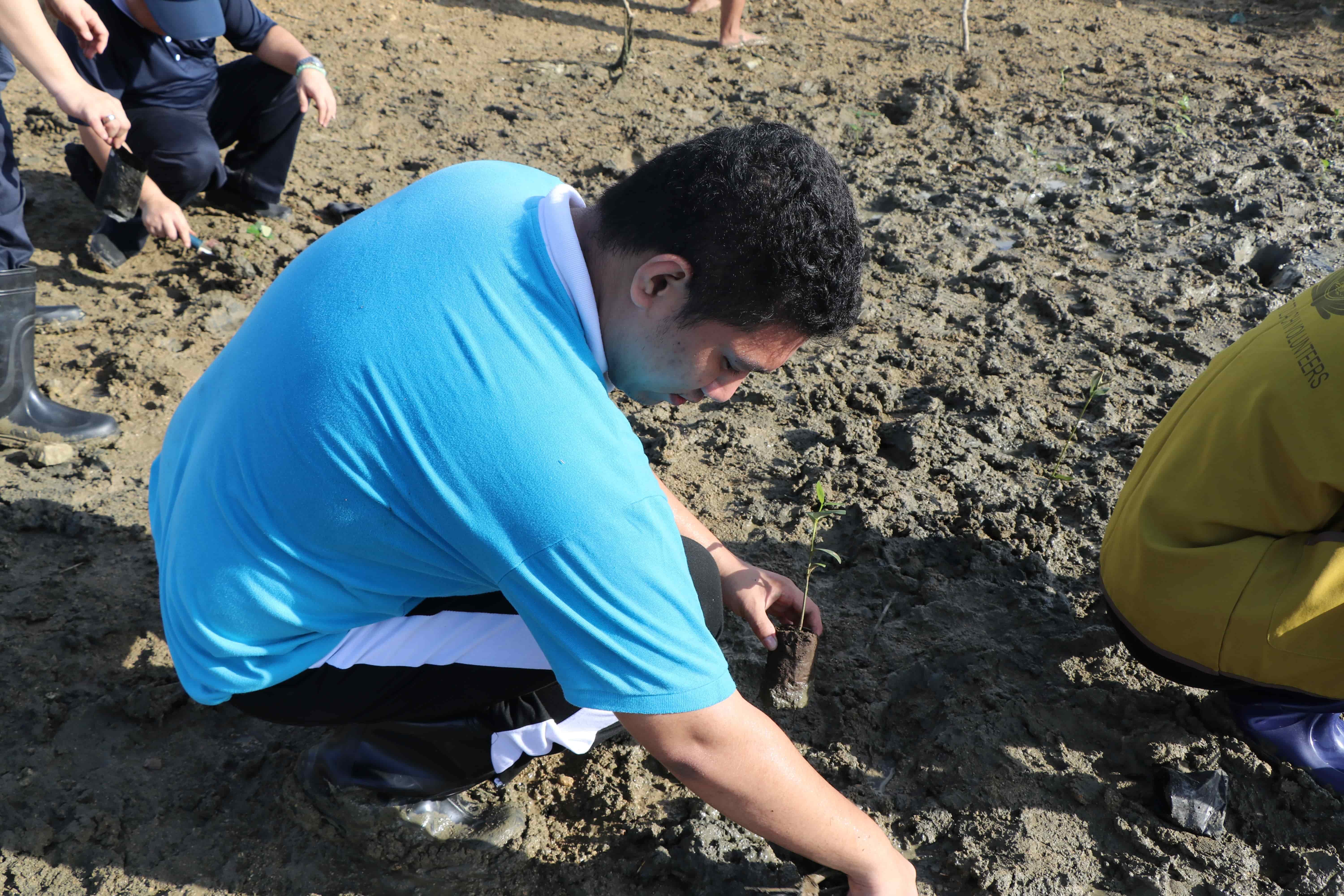Tzu Chi Cebu scholar Andrel Arreglado joins a mangrove planting initiative / Photo courtesy of Tzu Chi Cebu.