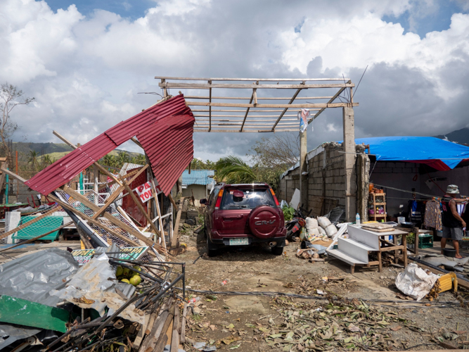 The wooden frame of a garage is what’s left of this totally damaged home in Dingalan, Aurora. 【Photo by Harold Alzaga】