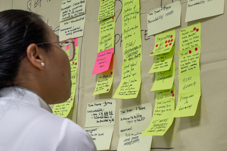 Breaking into groups, volunteers discussed then wrote down their 5- and 3-year goals for Tzu Chi Philippines. 【Photo by Marella Saldonido】