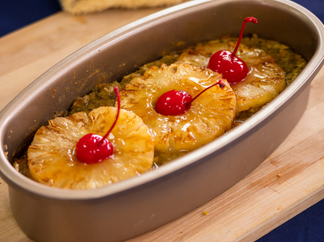 Plant-based meat loaf made from mung beans (munggo) topped with pineapples and cherries. 【Photo by Daniel Lazar】